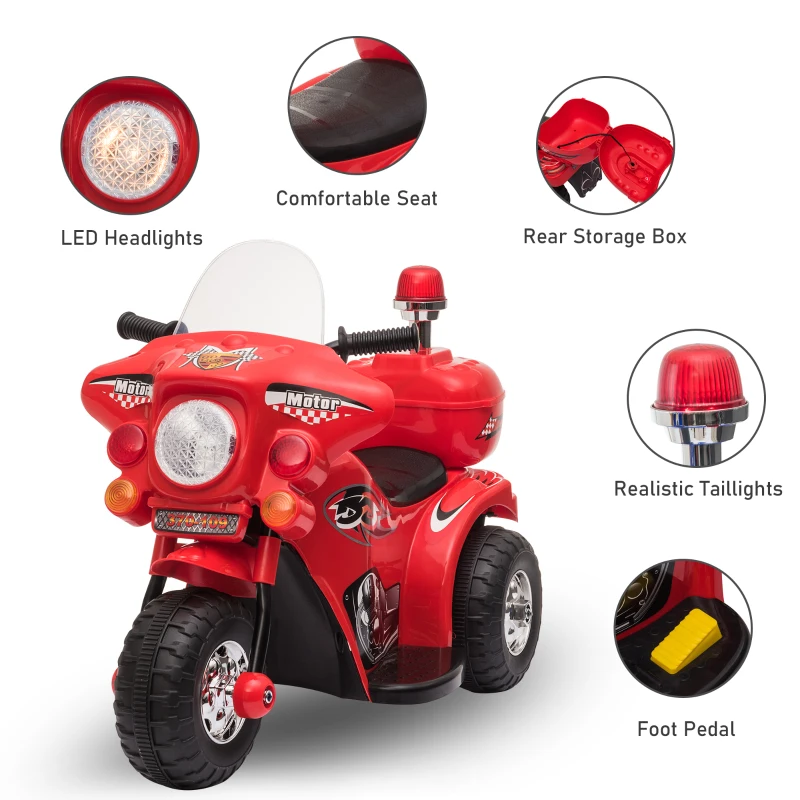 HOMCOM Kids 6V Electric Ride On Motorcycle 3 Wheel Vehicle Lights Music Horn Storage Box Outdoor Toy for 18 - 36 Months Red