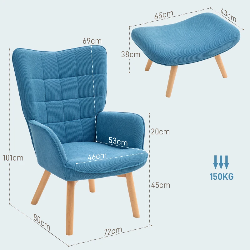 HOMCOM Akzentsessel mit Hocker, Relaxsessel in Cord-Optik, Armlehnstuhl mit Holzbeinen, für Wohnzimmer, Blau(m-3)