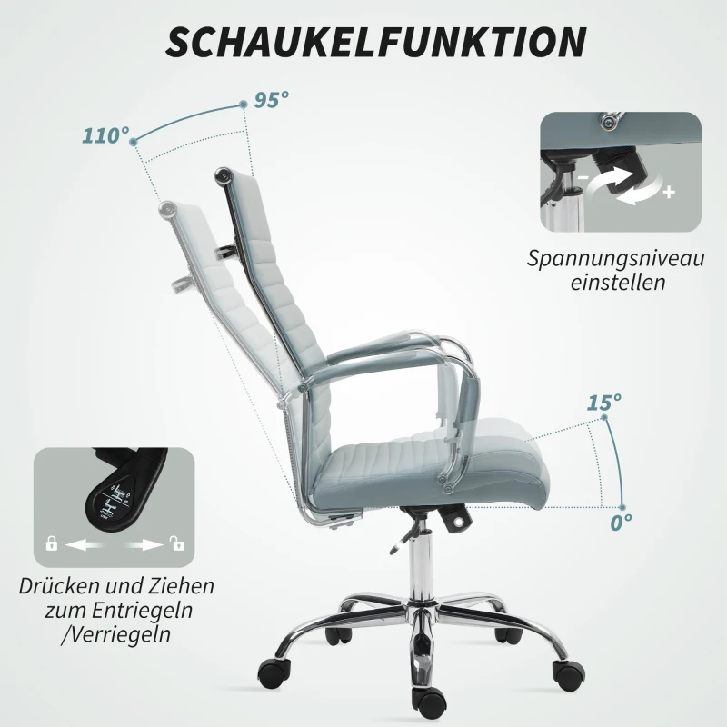 Vinsetto Bürostuhl, Drehstuhl mit Wippfunktion, höhenverstellbar, Kunstleder, bis 120 kg, Hellgrau(m-6)
