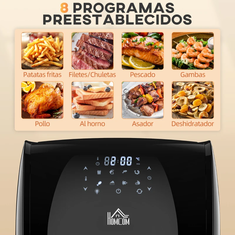 HOMCOM Freidora sin Aceite 3 en 1 12L 1800W Horno de Aire Deshidratador con 8 Programas Pantalla Digital 35x33,5x40 cm Negro
