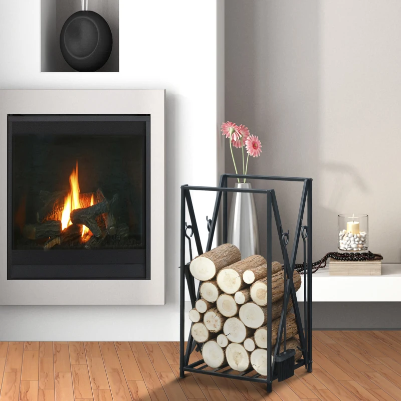 HOMCOM Portalegna da Interno ed Esterno in Acciaio con 4 Attrezzi Inclusi, Capacità 100kg 46x30x76cm Nero