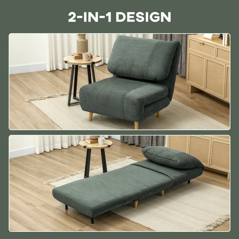 HOMCOM 2-in-1 Schlafsessel Gästebett, verstellbare Kopfstütze Cord-Optik 82 cm x 8 cm x 83 cm Grün(m-4)