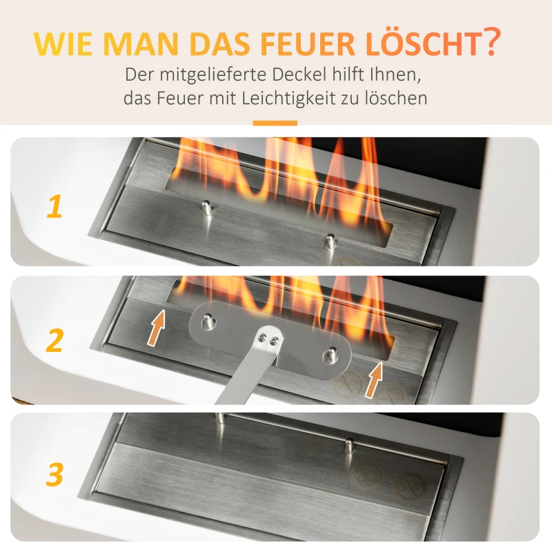 HOMCOM Ethanol-Kamin Bio-Ethanol-Brenner Feuerschale 1L 2,5 Std. Brenndauer 20m² Wandkamin mit Feuerlöschdeckel aus Edelstahl Metall Weiß 48 x 18 x 48 cm