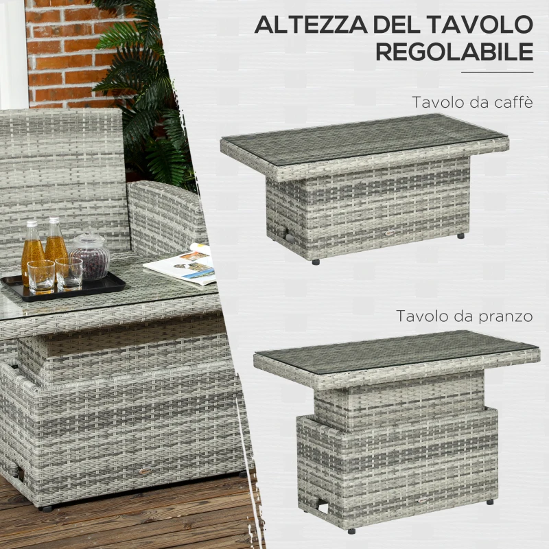 Outsunny Set da Giardino 4pz in Rattan Grigio con Tavolo ad Altezza Regolabile, 2 Poltrone Reclinabili e Divano 2 Posti