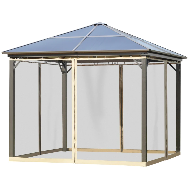 Outsunny Tonnelle pavillon de jardin avec toit rigide polycarbonate imperméable 4 parois latérales anti-UV moustiquaires 3 x 3 m marron et kaki