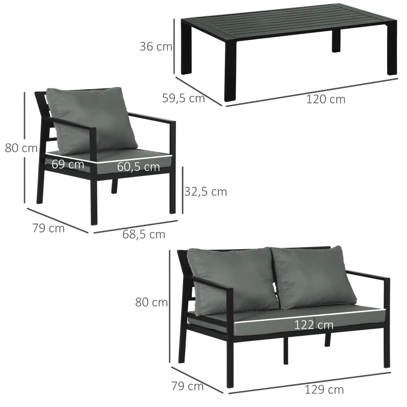 Outsunny Ensemble salon de jardin 4 pièces canapé 2 places + 2 fauteuils + table basse plateau à lattes 8 coussins rembourrage épais déhoussables aluminium gris noir