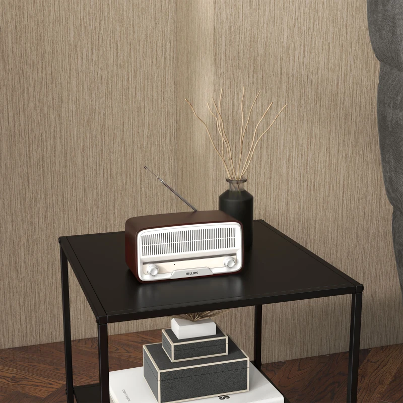 HOMCOM Table basse d'appoint carrée style industriel en métal noir avec une étagère - 40 x 40 x 45 cm noir