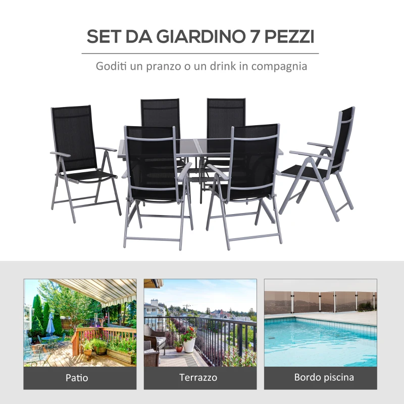Outsunny Set Mobili da Giardino un Tavolo con 6 Sedie Pieghevoli Schienale Reclinabile a 7 Livelli Struttura Verniciata a Polvere Antiruggine Nero  Argento Alluminio Tessuto a Rete Vetro