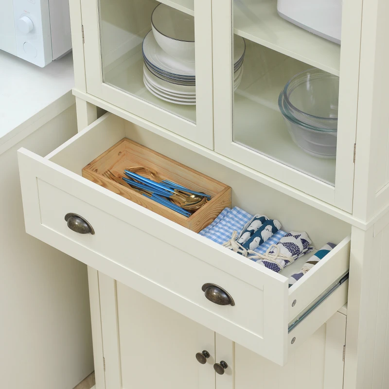 HOMCOM Buffet meuble cuisine rangement armoire de cuisine 4 portes dont 2 portes vitrées et 1 tiroir hauteur 182,5 cm avec étagères réglables - beige(m-9)