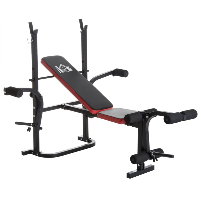 HOMCOM Panca Multifunzione Stazione Fitness con Schienale Regolabile, Leg Curl e Porta Bilanciere, 128x155x112cm, Nero e Rosso