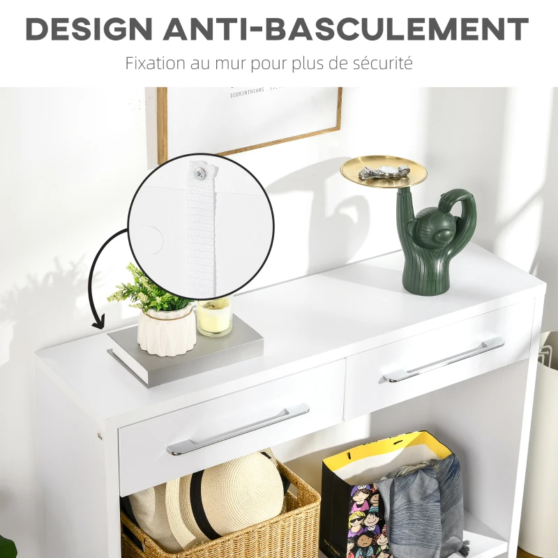 HOMCOM Table console table d'entrée bout de canapé avec étagère et 2 tiroirs style moderne - dim. 101,6I x 28P x 76,2H cm - blanc