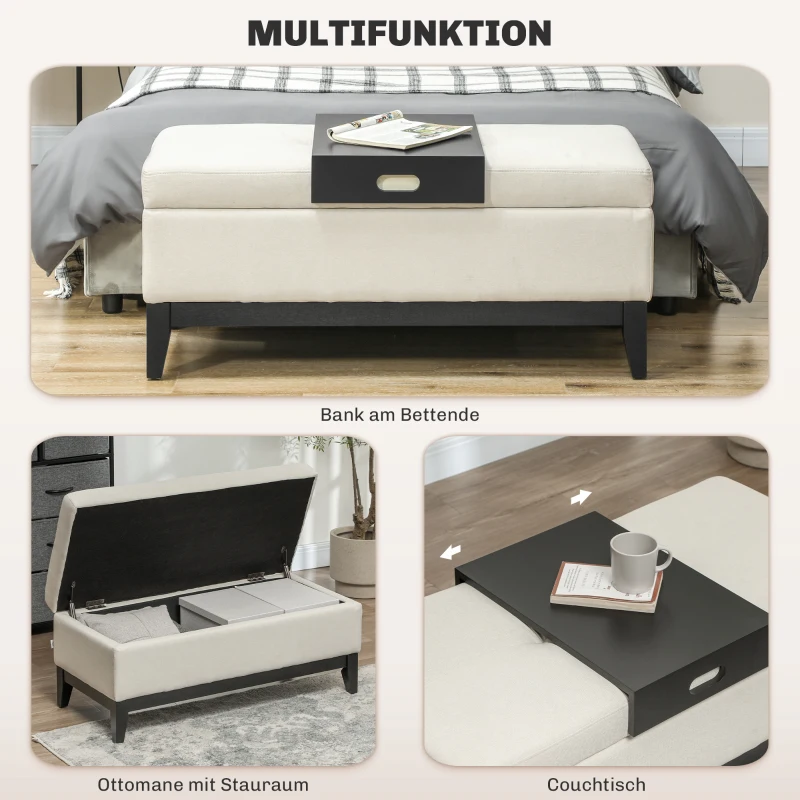 HOMCOM Hocker mit Stauraum, Tablett, Eukalyptusholzrahmen, bis 120 kg, 107 x 50 x 44 cm, Cremeweiß/Schwarz