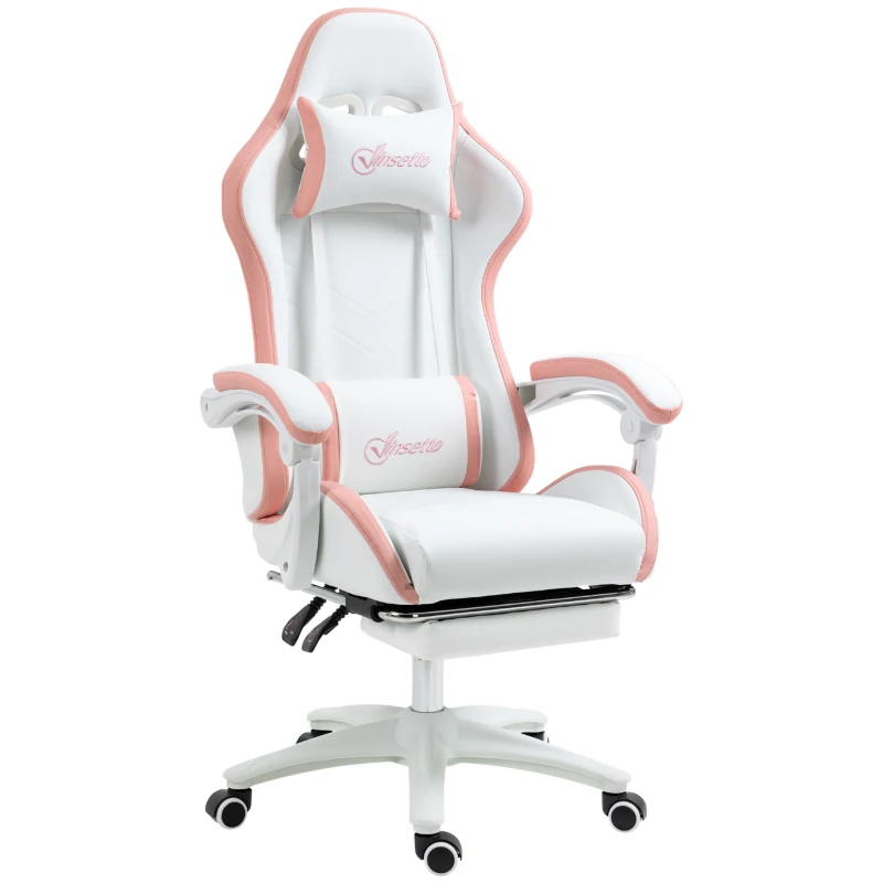 Vinsetto Computer Gaming Chair, PU Leather Office Desk Chair with Footrest, Swivel Wheels, 135° Reclining Back, Lumbar Support, Headrest for Home, White and Pink