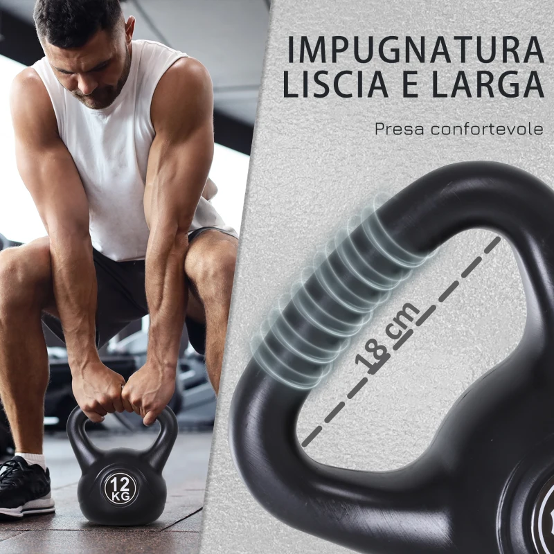 HOMCOM Kettlebell 12kg per Sport e Fitness con Base Piatta e Impugnatura, Kettlebell Pesi per Allenamento Home Gym Casa e Palestra, 27x21x31 cm, Nero