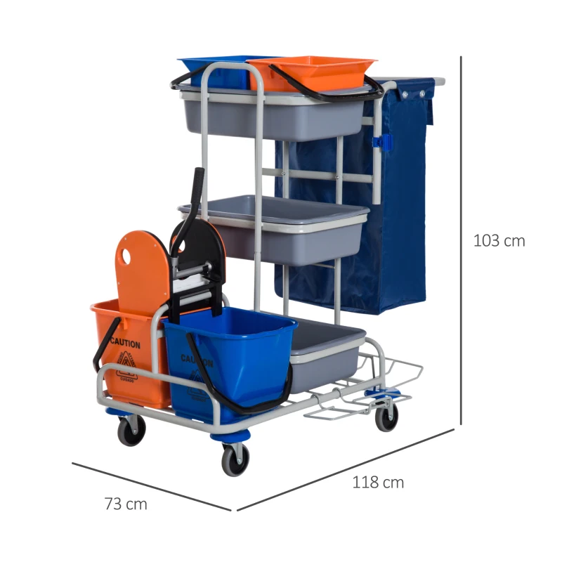 HOMCOM Carrello per Pulizie Professionale Multiuso con 4 Secchi Rotelle Borsa di Tela 118 × 73 × 103cm