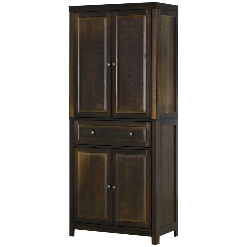 HOMCOM Alacena de Cocina Mueble Auxiliar con 4 Puertas Magnéticas Cajón y Estantes Ajustables 76x40,5x184 cm Café Oscuro