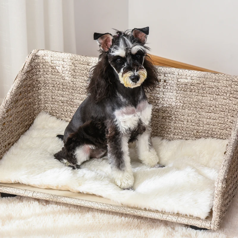 PawHut Haustiersofa Hundebett Rattan mit Kissen vier Füßen Haustierbett Katzenbett Hundekorb Hundesofa für kleine Hunde Hellgrau+Weiß 70,5 x 40 x 37,5 cm