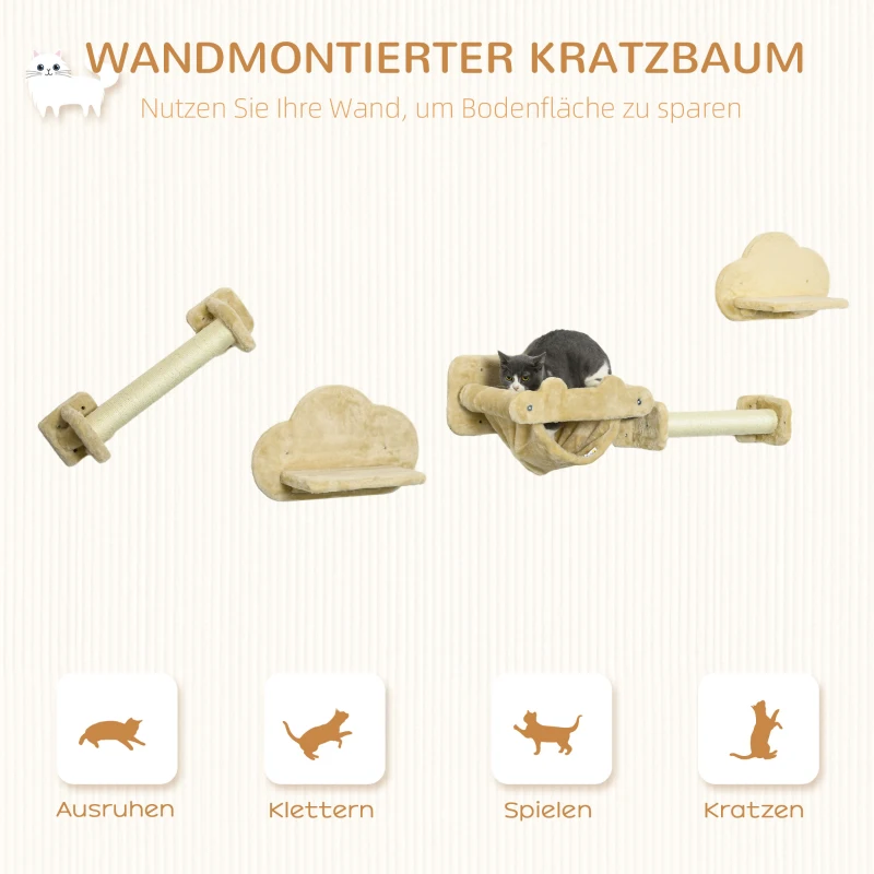 PawHut Katzentreppe, 5-teiliges Set, 2 Kratzstämme, 2 Plattformen mit Plüschbezug, Hängematte, beige