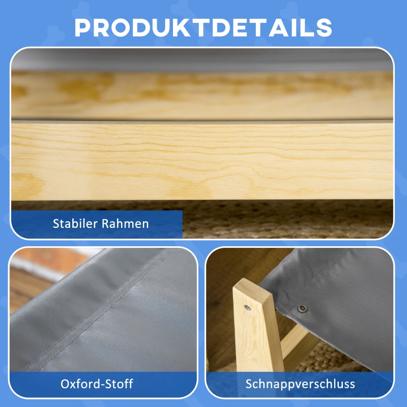 PawHut Erhöhtes Hundebett mit Holzbeine, 90cm x 50cm Abwaschbares Haustierbett Hundeliege mit Kissen, Haustierliege Hängebett Hundeschlafplatz für kleine bis mittelgroße Hunde, Natur+Hellgrau