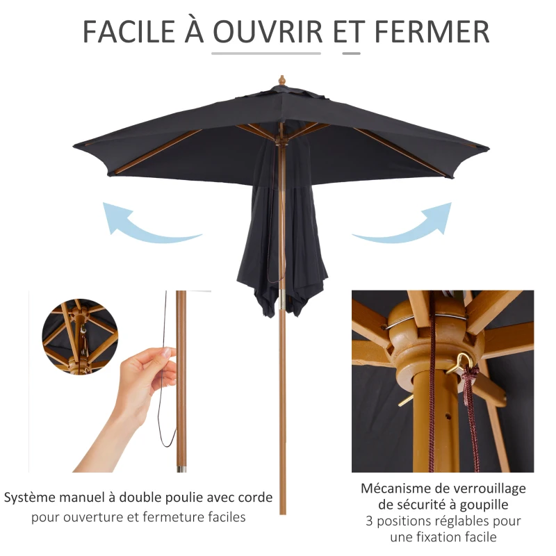 Outsunny Parasol de jardin extérieur parasol droit double toit Hexagonal Grande Taille de Jardin Ø 2,5 x 2,3H m Bois de Bambou Noir