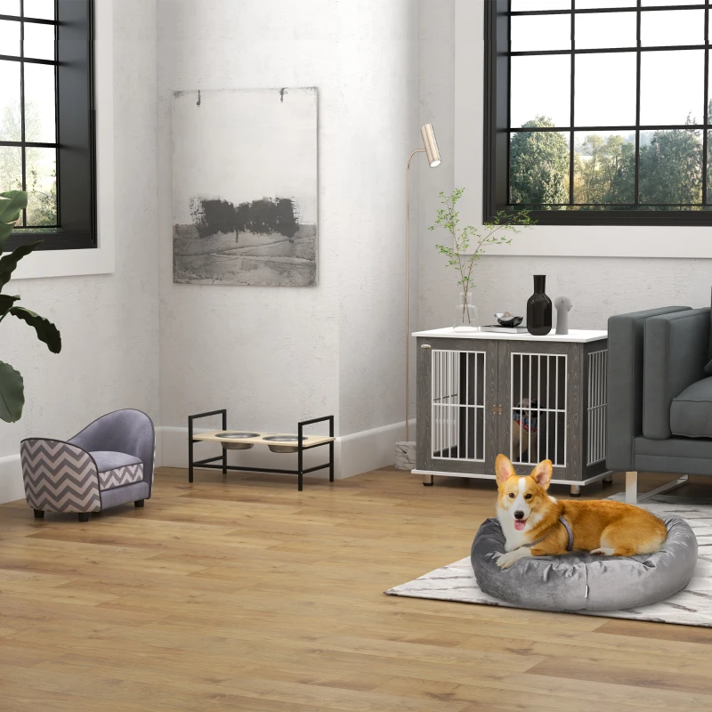 PawHut Futterstation, 2 herausnehmbare Fressnäpfe, höhenverstellbar, Napfunterlage, Natur+ Schwarz + Silber