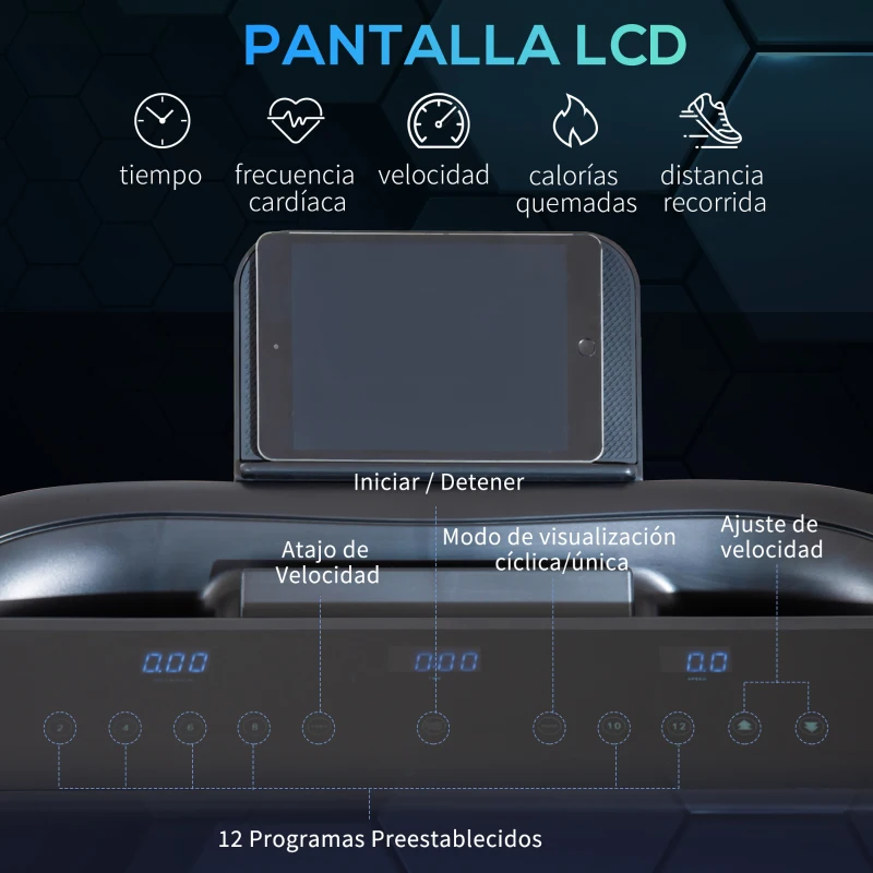 HOMCOM Cinta de Correr y Andar Plegable con 12 Programas Velocidad hasta 14 km/h Pantalla LED Pulsómetro Superficie Grande 122x41 cm y Ruedas de Transporte 153x77x124 cm Negro