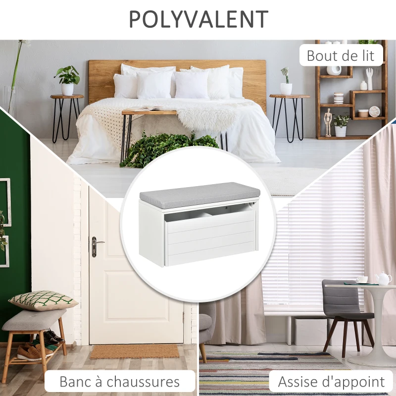 HOMCOM Banc de Rangement avec Coussin Gris - Meuble à Chaussures - Banc à Chaussures avec Grand tiroir Double Compartiment - MDF Blanc