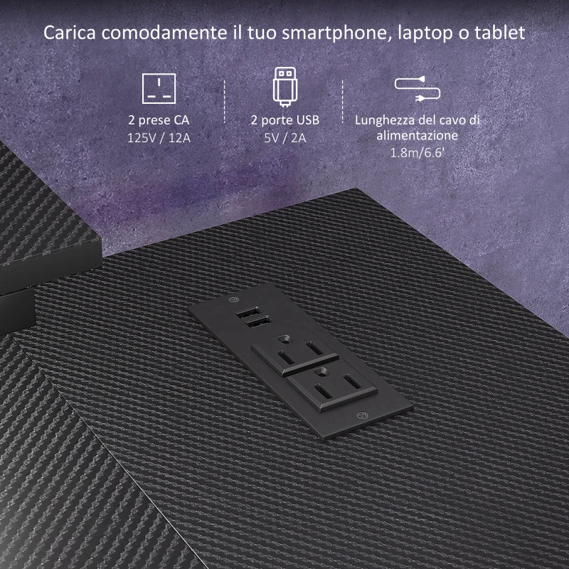 HOMCOM Scrivania Angolare Reversibile con LED, Prese di Corrente e Prese USB, Ripiani e Supporto Monitor, Nero