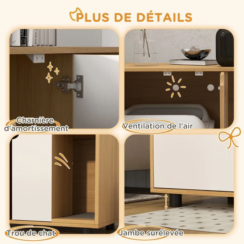 PawHut Meuble à litière maison de toilette sur pieds pour chat 2 en 1 portes style scandinave 80 x 48 x 48 cm naturel et blanc