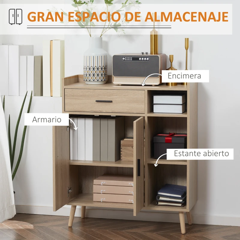 HOMCOM Aparador de Salón Moderno con 2 Puertas 1 Cajón y 3 Estantes Abiertos 80x30x96,5 cm Natural(m-4)