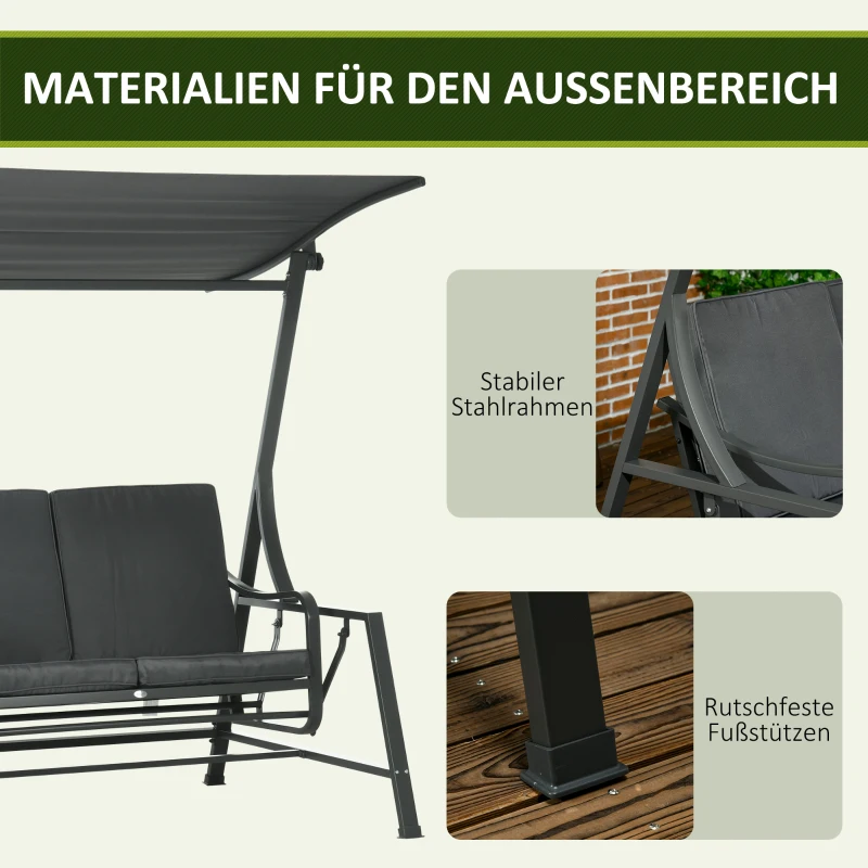 Outsunny Hollywoodschaukel, neigbares Dach, Sitz- und Rückenkissen, Stahlrahmen, dunkelgrau, 148 x 129 x 172 cm