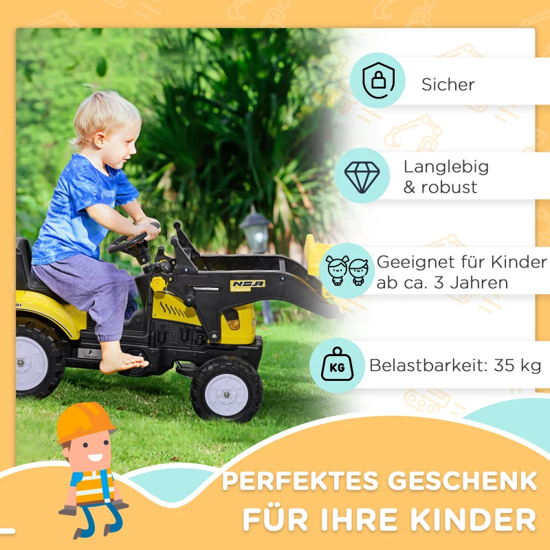 HOMCOM Kinder-Radlader, bewegliche Schaufel, Hupe, Pedalantrieb, ab 3 Jahren, Metallrahmen, gelb, 114 x 41 x 52 cm
