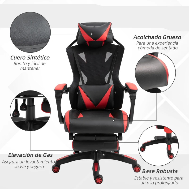 Vinsetto Silla Gaming Ergonómica Silla de Escritorio para Oficina con Altura Ajustable Respaldo Regulable de 170° Almohada Lumbar y Reposapiés Retráctil 65x70x117-125 cm Rojo