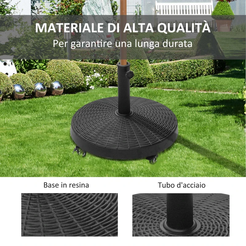 Outsunny Base per Ombrellone da Giardino Rotonda a 4 Ruote con Freni, Basamento per Ombrellone in Metallo e Resina, per Pali di Ombrelloni da Ø38/48 mm, Ø52x41 cm, Nero