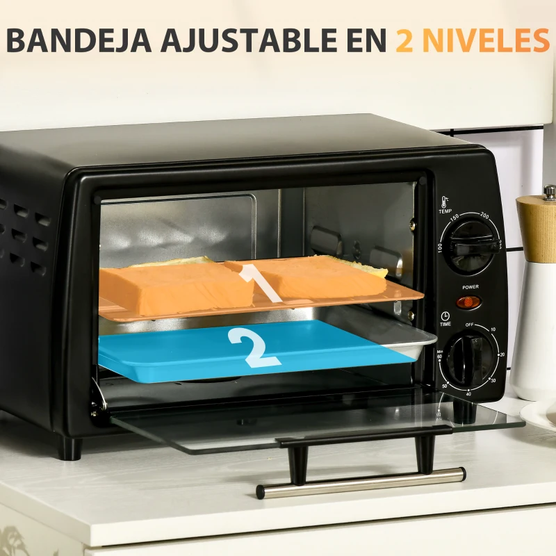 HOMCOM Horno Eléctrico Sobremesa 10L  750W Horno Eléctrico Pequeño Temperatura 230 ℃ y Temporizador 36,5x26x22 cm Negro