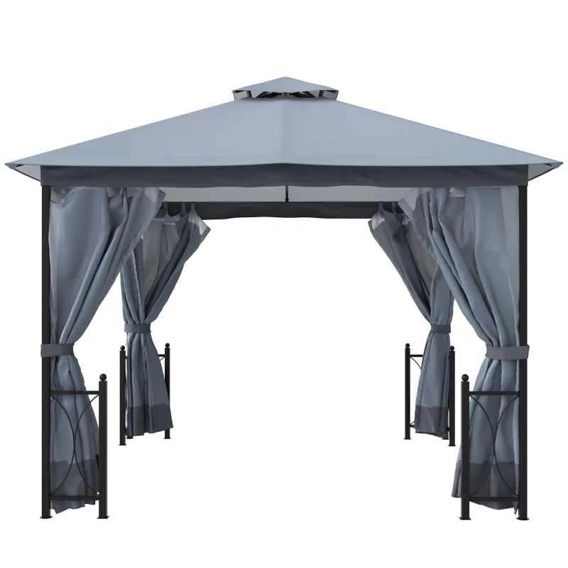 Outsunny 4 x 3.35(m) Patio Metal Gazebo Canopy Garden Tent Sun Shade, Outdoor Shelter with 2 Tier Roof, Netting and Curtains, Steel Frame, Grey