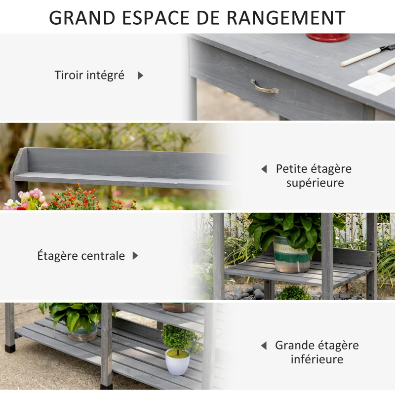 Outsunny Table de rempotage multi-équipée table de jardinage avec tiroir, 3 étagères, évier, 3 crochets - table de plantation bois sapin pré-huilé gris