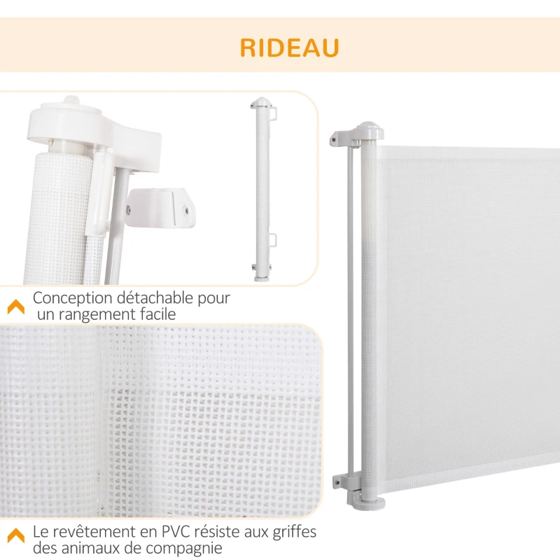 PawHut Barrière escalier chien rétractable opération à une main cadre en alliage d'aluminium tissu mesh 150 x  85 cm blanc