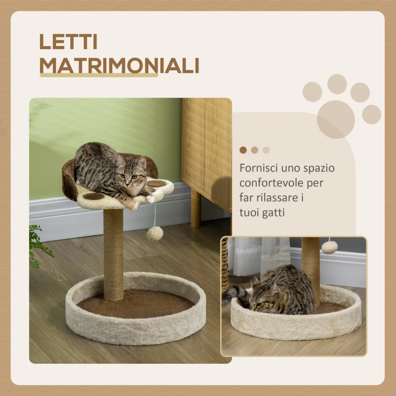 PawHut Tiragraffi per Gatti da 5kg max con Lettino e Pallina da Gioco, in Truciolato, Peluche e Corda di Juta, 41x41x44 cm