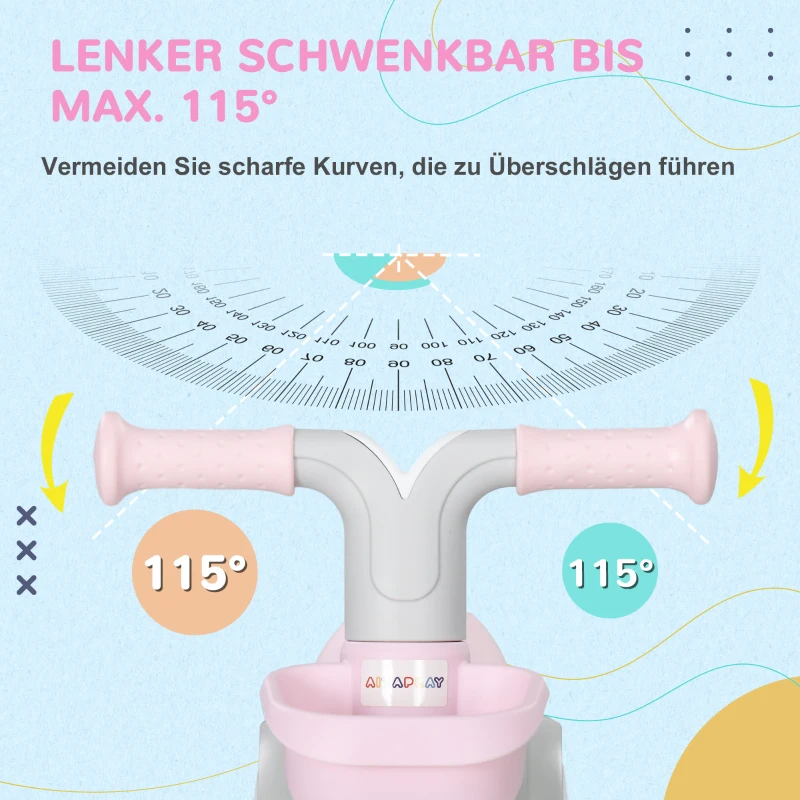 AIYAPLAY Laufrad, Dreirad, verstellbarer Sitz, geräuschlose Räder, 56x27x39 cm, Rosa/Weiß