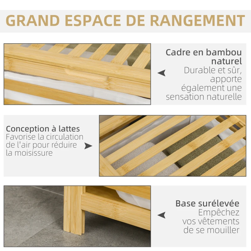 HOMCOM Panier à linge sale en bambou avec sac en polyester et coton amovible et couvercle - dim. 50L x 36l x 60H cm naturel