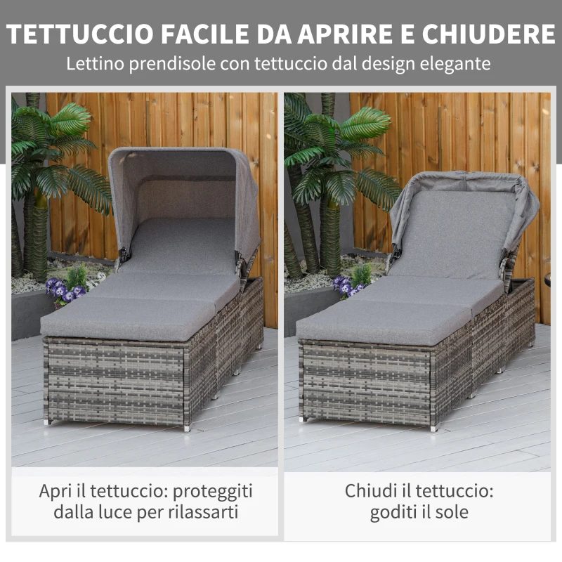 Outsunny Lettino Prendisole in Rattan PE, Schienale Reclinabile a 4 Livelli, Tettuccio e Materassino,  Grigio