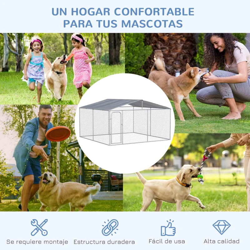 PawHut Perrera de Exterior con Toldo Anti-UV Impermeable Puerta con Pestillo y Marco de Metal Galvanizado 4x4x2,3 m Plata