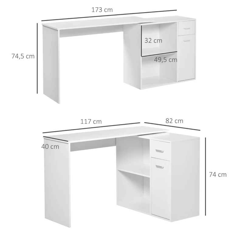 HOMCOM Eckschreibtisch Arbeitstisch Winkelschreibtisch PC-Tisch Computertisch Bürotisch 180-Grad-Design mit Regal und Schublade L-Form drehbar platzsparend Spanplatte Weiß 117x 82x74 cm