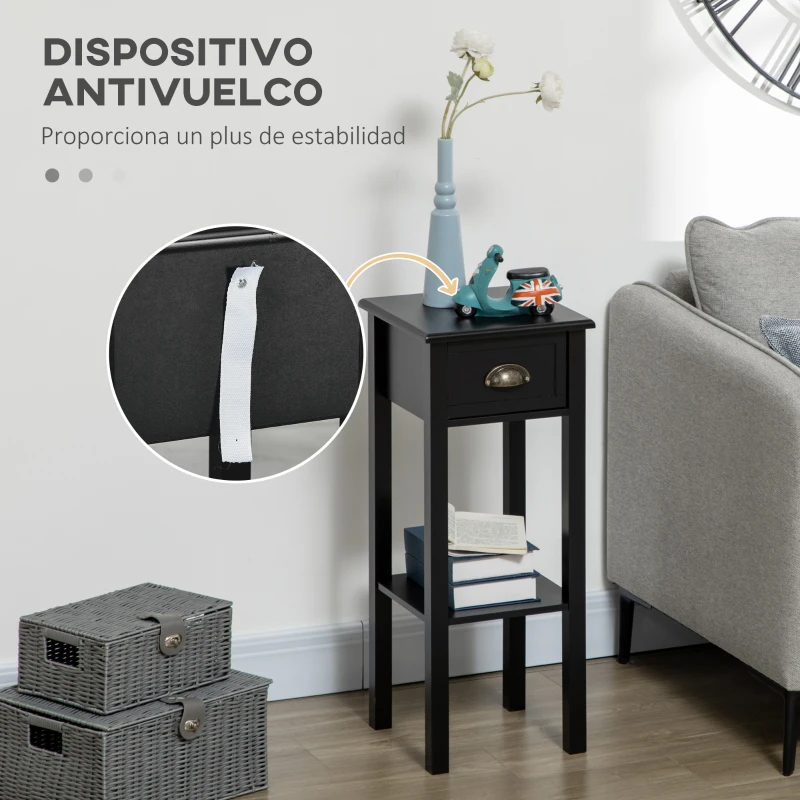 HOMCOM Mesa Auxiliar Estilo Moderno Mesita Auxiliar con Cajón y Estante de Almacenamiento 30x30x75 cm Negro