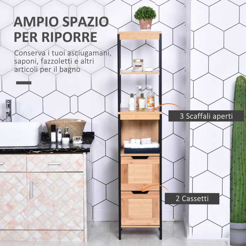 Kleankin Colonna Bagno con 2 Cassetti e 3 Vani Aperti in Legno MDF e Bambù 30x30x144.3 cm