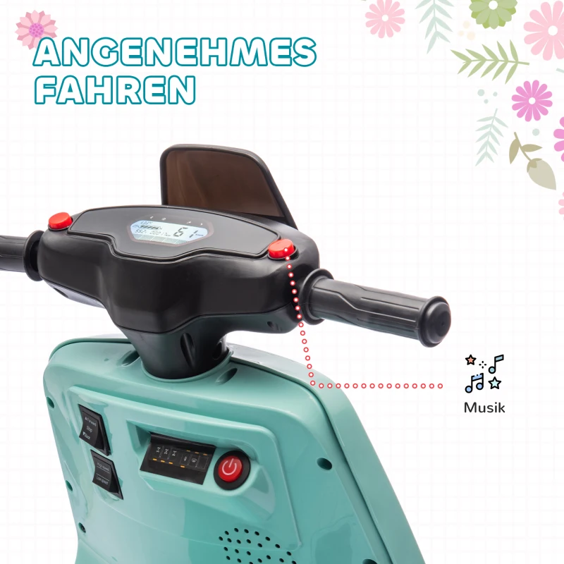 AIYAPLAY 6V Elektro-Motorrad für Kinder, mit Scheinwerfer und Musik, Vor- und Rückwärtsgang, Trainingsräder, 18-36 Monate, Grün