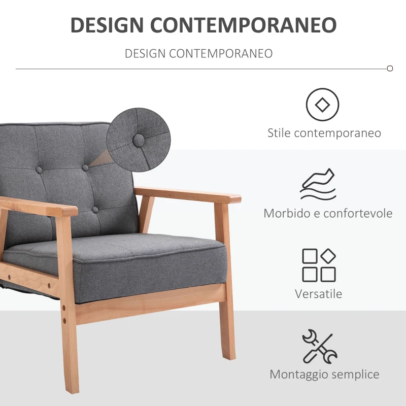 HOMCOM Poltrona Stile Scandinavo Imbottita e Trapuntata a Bottoni in Tessuto e Legno, 64.5x70x74cm, Grigio