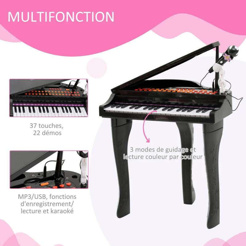 HOMCOM Piano à Queue électronique 37 Touches Multifonctions avec Micro Haut Parleur, tabouret, lumière LED, fonction d'enregistrement et de relecture, instrument de musique enfant 3 à 6 ans Noir