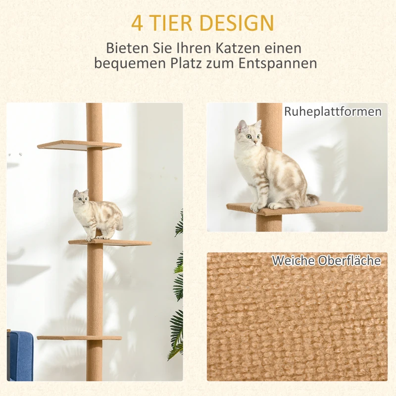 PawHut Kratzbaum Deckenhoch, 228-260 cm Höhenverstellbarer Katzenbaum Kletterbaum für Katzen mit 3 Ebenen, Katzenkratzbaum, Spielbaum vom Boden bis zur Decke Hellbraun